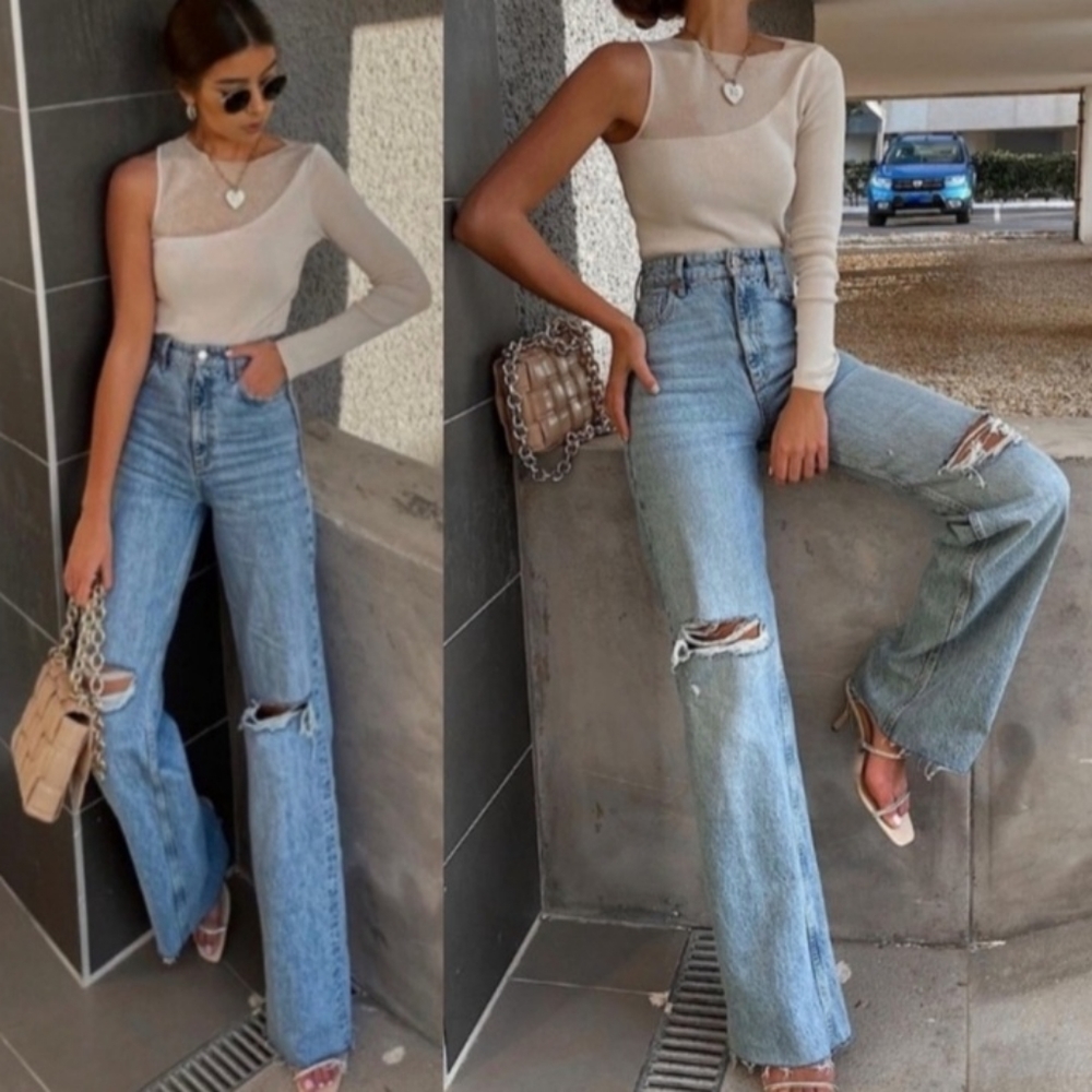zara medium wash high rise Wide Leg distressed raw hem jeans womens 8
